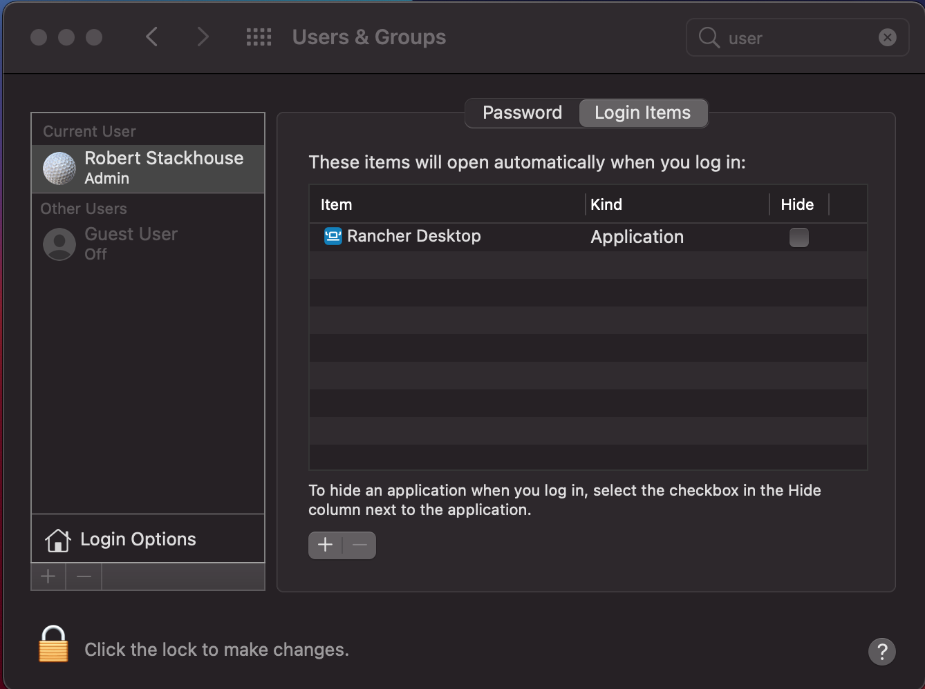 Selecting the Login Items Tab in the Users and Groups section of System Preferences